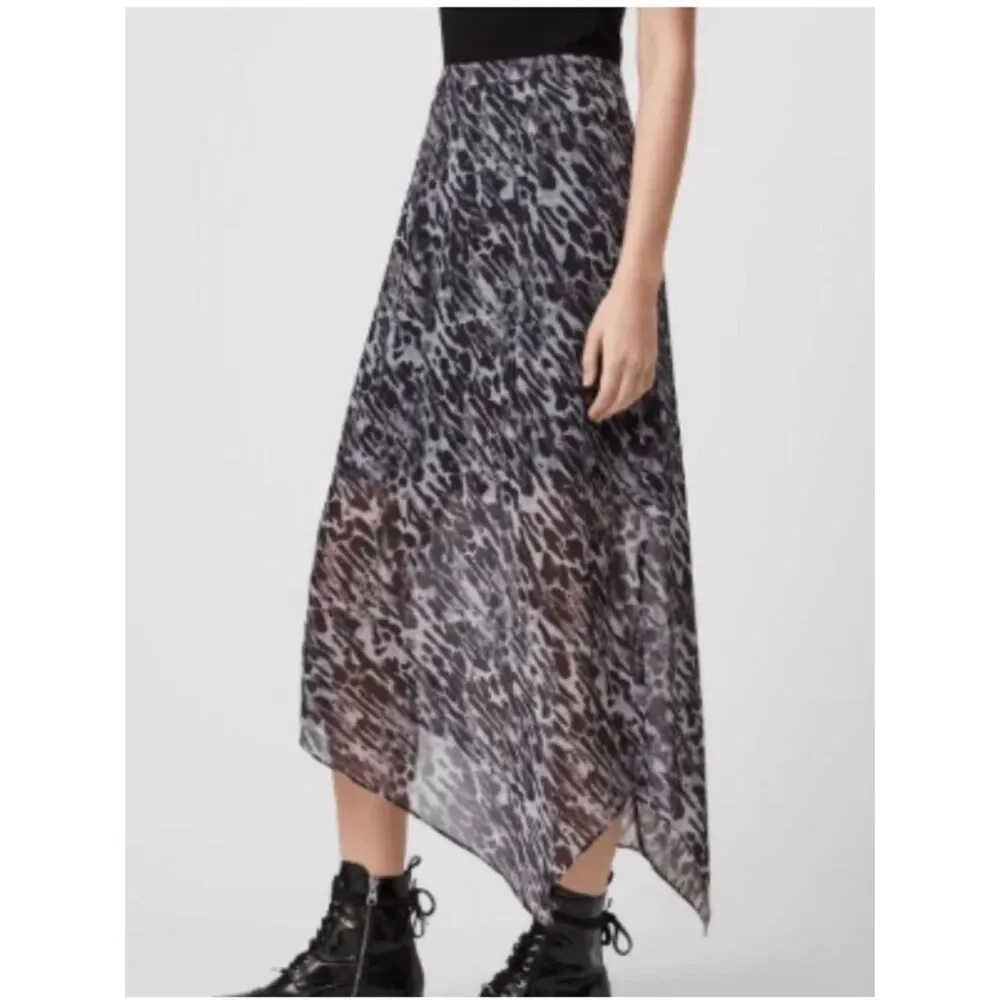AllSaints Rhea animal print slip skirt.  Sheer Asymmetric Hem Black/Gray